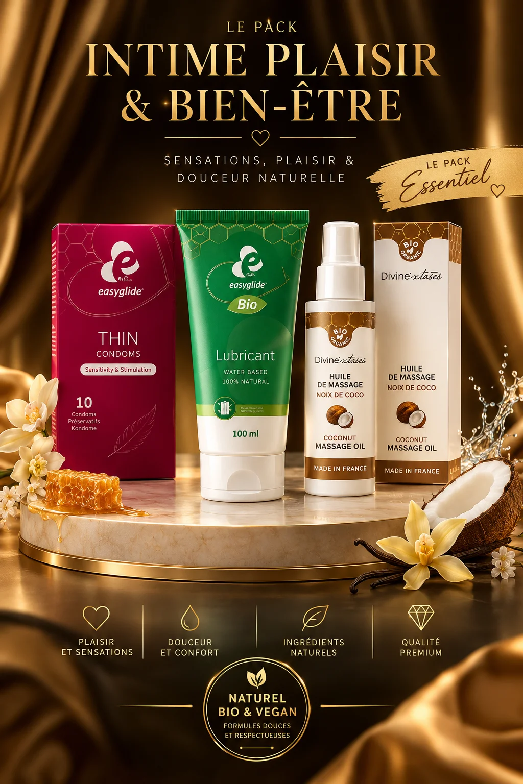 Coffret bien-être intime bio - huile de massage comestible, lubrifiant naturel et préservatifs ultra-fins, fabriqué en France
